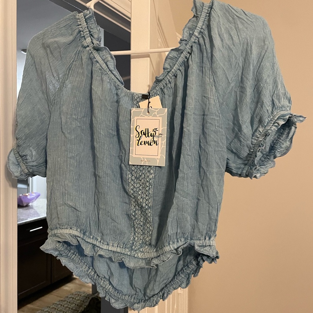 Chic Blue Smocked Crop Blouse with Ruffles